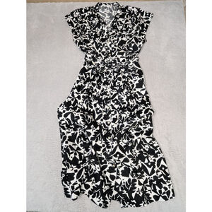 Women's FREE ASSEMBLY Black White Floral Midi Dress L Belt Pockets